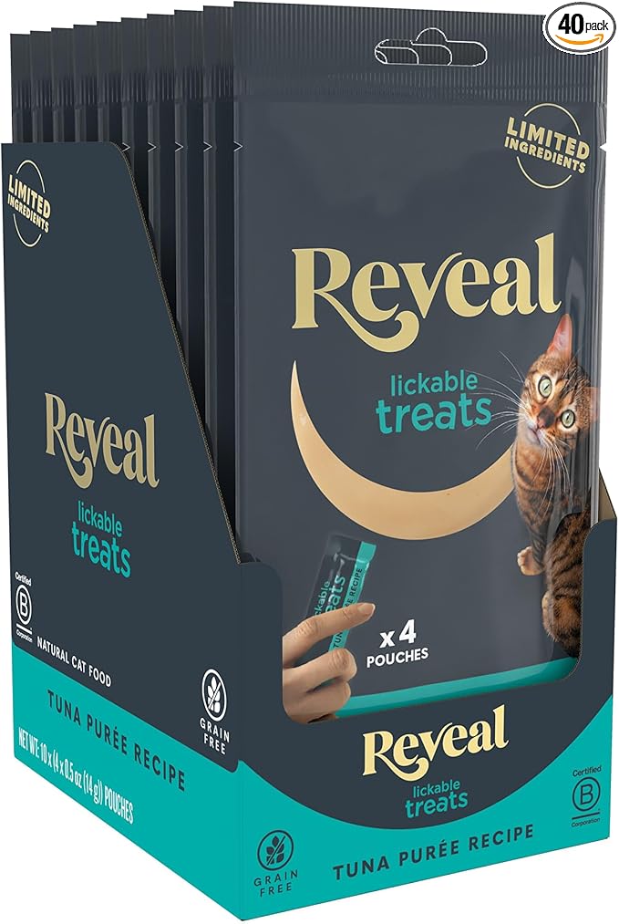 Reveal Natural Lickable Purée Cat Treats, Grain Free and Made with Limited Ingredients, Tuna Recipe Squeeze Up Cat Treats (40 x 0.5 oz Pouches)