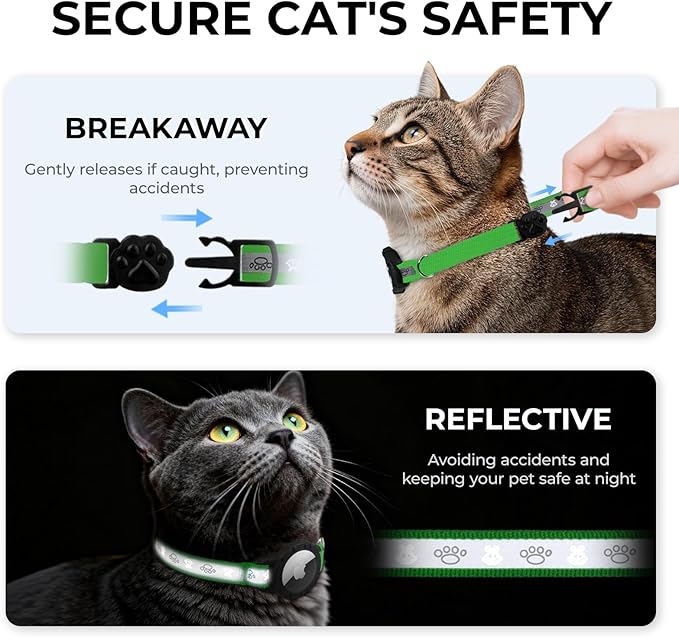 Breakaway AirTag Cat Collar, Reflective Cat Tracker Collar with Air Tag Holder and Bell, Safety Elastic Band Cat GPS Collars for Girl Boy Cats, Kittens and Puppies (Emerald, 8-13'')