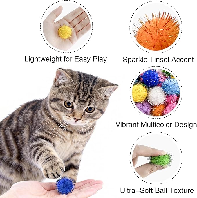 80 Pcs Sparkle Pom Pom Balls 1.5 Inch Cat Toy Chase Ball Interactive Glitter Tinsel Ball for Kitten Cat Favorite Gift Assorted Color