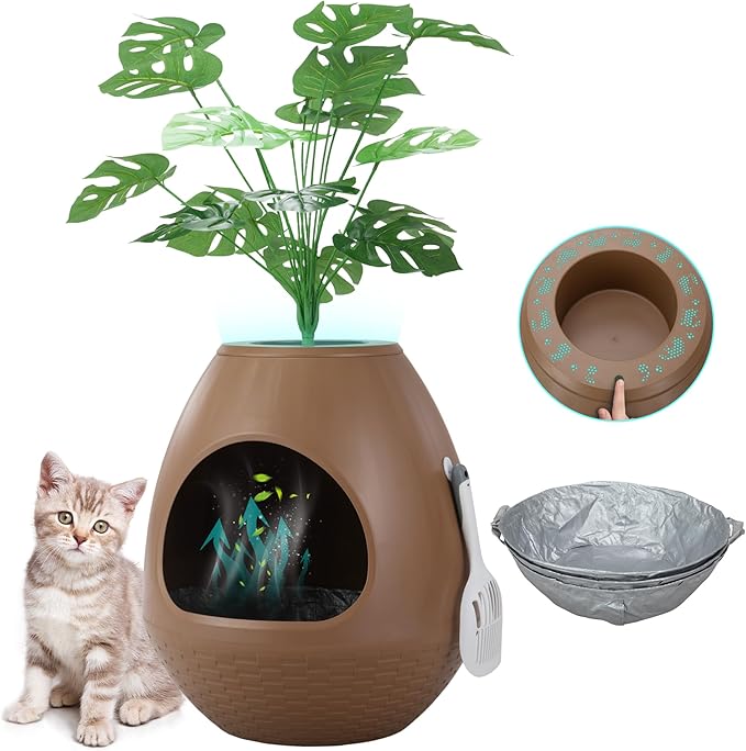 Eggloa6 Hidden Cat Litter Box with Artificial Plants ＆ Odor Removal System, Egg-Shaped Enclosure Includes Scoop ＆3PCS Liners Secret, Discreet Furniture, DIY Assembly Cat Litter Box Cabinet (Brown)