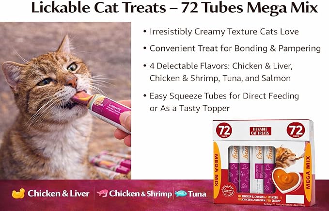 Premium Lickable Cat Treats - 72 Squeeze Tubes (0.5oz) | High-Protein Grain-Free Variety Pack | Hydrating Creamy Snacks for All Cats