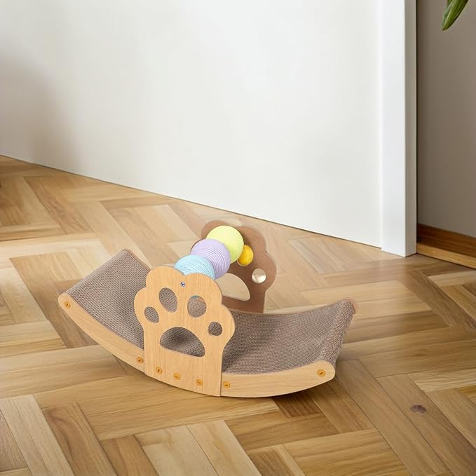 Kisangel Rocking Cat Scratching Lounger Bed with Colorful Balls Scratch-Resistant Cardboard Pad for Indoor Cats and Resting Furniture