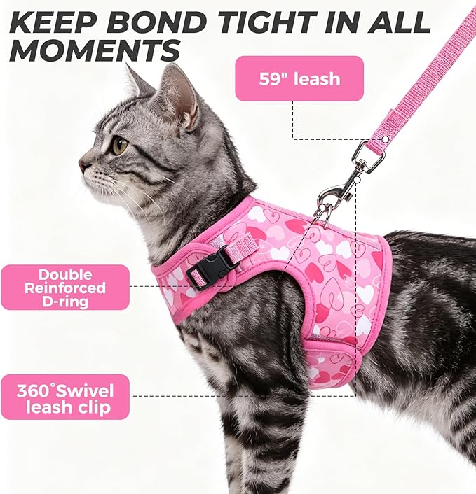 BINGPET Cat Harness and Leash Set Escape Proof for Walking,Step-in Harness with Lightweight Soft Breathable Mesh,Adjustable Easy Control Harness for Kitten Puppy Small Medium Large Cats(Heart,L)