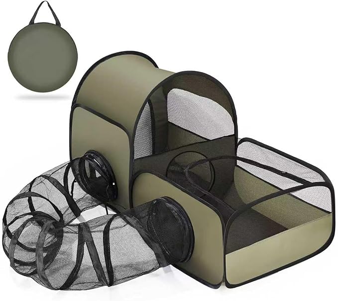 Portable Cat Playpen with Surround Tunnel, 2-Linked-Enclosed Areas, Ideal Cat Tent Outdoor or Cat Playpen for Indoor Cats Enclosed.Breathable Mesh Design for Indoor & Outdoor Use(Green)