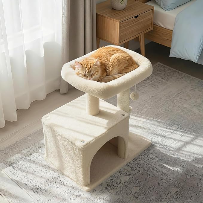 Tangkula Small Cat Tree for Indoor Cats, Cat Tower with Sisal Scratching Posts, Hanging Pompom, Cat Condo with Large Padded Plush Perch for Small Spaces, Kittens (Beige)
