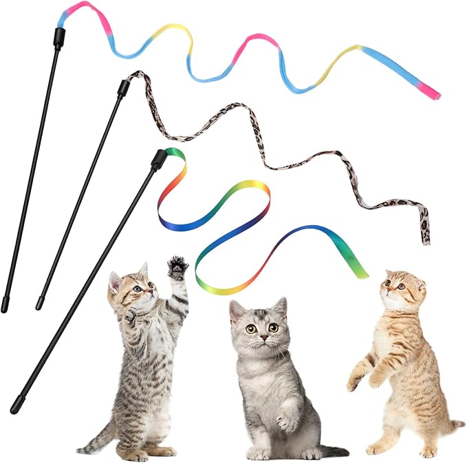 cobee 3 Pack Cat Wand Toy Set, 30cm Cat Interactive Wand with Rainbow Ribbon String + Leopard Print Cloth String for Kitten Training & Exerciser, Indoor Kitten Catcher