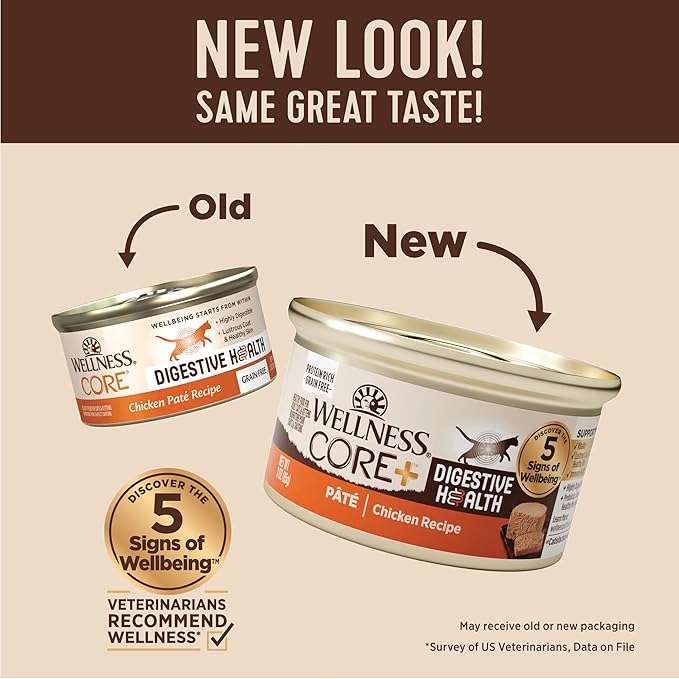 Wellness CORE+ Digestive Health Pate Adult Canned Wet Cat Food, Natural, Protein Rich, Grain Free, Chicken Recipe, 3 oz, Pack of 12 Cans