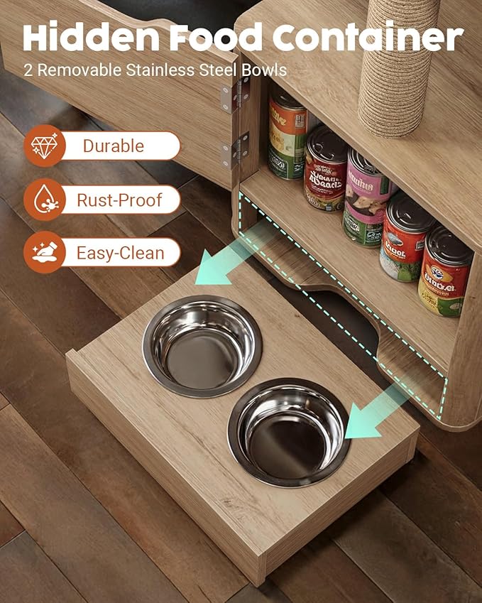 FIMELLO 25.6" Wx15.7 D x 28.5" H Cat Feeding Station, All-in-One Cat Food Table Cart with Moving Wheels, Scratcher End Table, Two Feeding Bowls