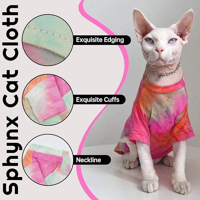 QBLEEV Sphynx Cat Clothes, Hairless Cats Rainbow Rendering T-Shirt for Spring Summer Autumn, Breathable Cat Wear Clothes Vest Shirts for Sphynx, Cornish Rex, Devon Rex, Peterbald