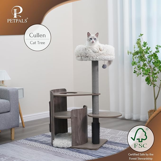 PetPals Modern Design Cat Tower, Wooden Cat Tree with Recycled Paper Rope Scratching Posts, Sisal Mat, Soothing Self Grooming Massager, Removeable Bed (Taupe)