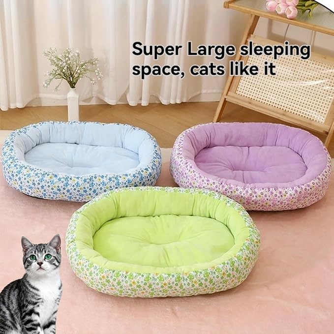 Floral Print Cat Beds for Indoor Cats Cozy Plush Fabric, Supportive Raised Sides, Non-Slip Bottom Washable Mat for Small Medium Pet Puppy Dog (Green,Large)