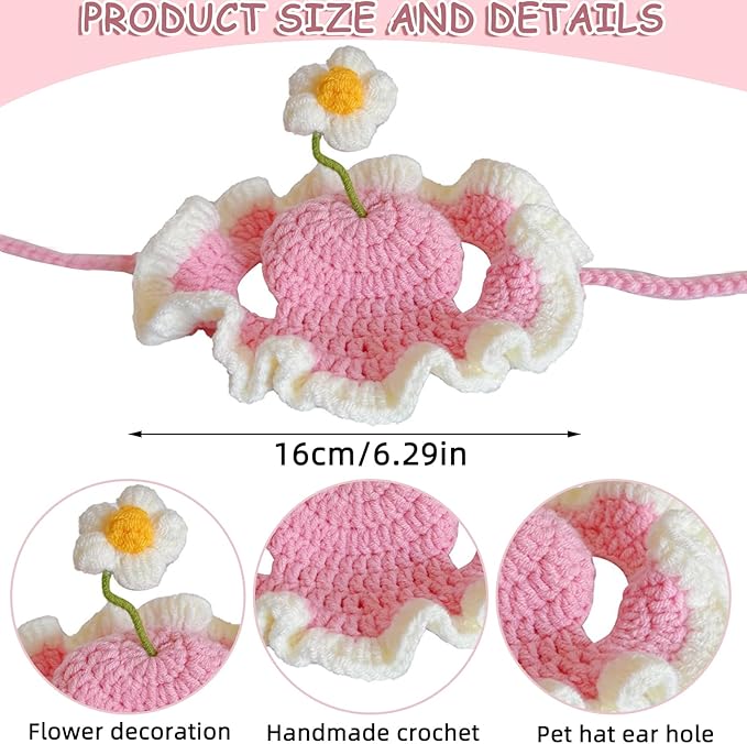 Cute Knit Cat Hat,Handmade Crochet Dog Hat Halloween Christmas Party Costume Headwear for Puppy Cat Kitten Pet Puppies (Pink, Small)