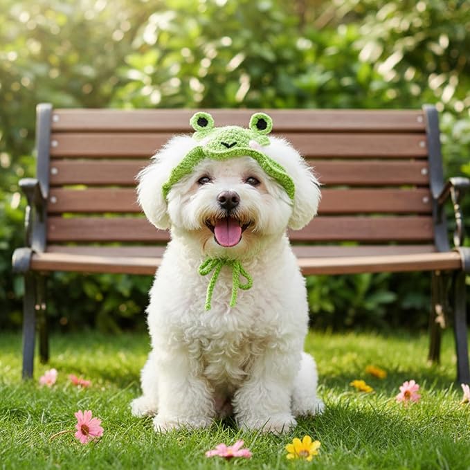 Nogeqi 2 Pcs Cat Hats for Cats Only, Cute Frog Cat Hats, Knitted Hat for Cat, Birthday Party Puppy Hat for Small Pets(Frog Flower)