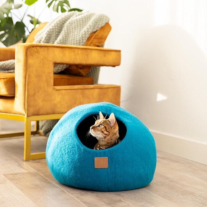 Best Aesthetic Cat Bed - Premium Felted Wool Cat Cave Bed - Cozy Peekaboo Round Cave for Large or Small Cats (Small, Ocean Blue)