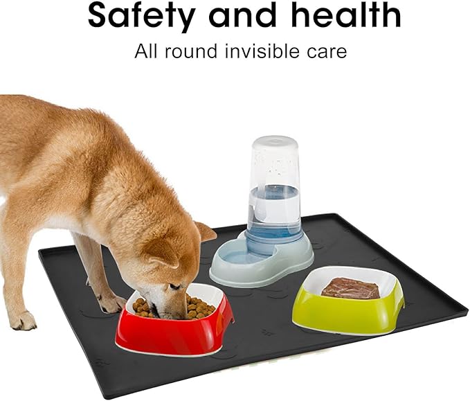 Dog Feeding Mat, Waterproofed Cat Food Mats, Anti Slip Silicone Cat Dog Food Mat for Messy Drinkers to Protect Floors (Black)