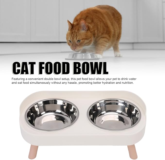 AYNEFY Elevated Cat Bowl,Tilt Proof Stainless Steel Integrated Double Elevated Pet Water Food Bowl Raised Cat Food and Water Dish for Cats and Small Dogs (White)
