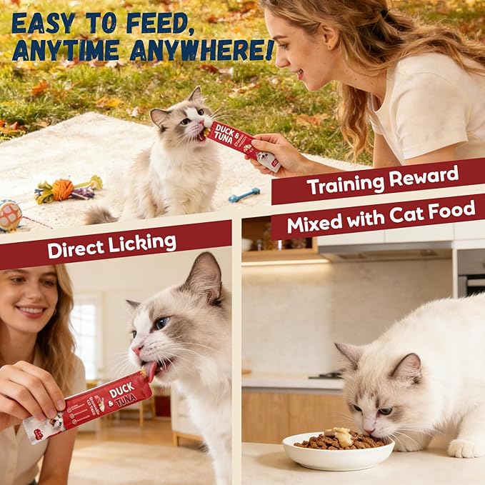 Pawmate Lickable Tuna & Duck Cat Treats, High Moisture Wet Cat Squeeze Snacks for Urinary Health & Hydration, Creamy Cat Puree for Kittens & Adult Cats, Grain-Free & Easy to Digest, 20 Tubes, 15g Each