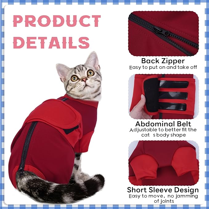 Adjustable Calming Suit Cat Clothes with Zipper, Anxiety Jacket Vest, Cat Apparel for Fireworks, Separation, Thunderstorms, Loud Noises, Comfortable Wrap Reduce Anxiety, Red X-Large