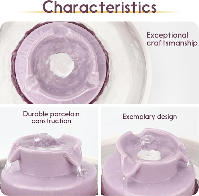 Lawfery Ceramic Cat Water Fountain, 2.1L/71oz Cat Fountain with 3 Carbon Filters and 2 Water Pumps, Cupcake Pet Water Fountain for Cats and Dogs (Purple)