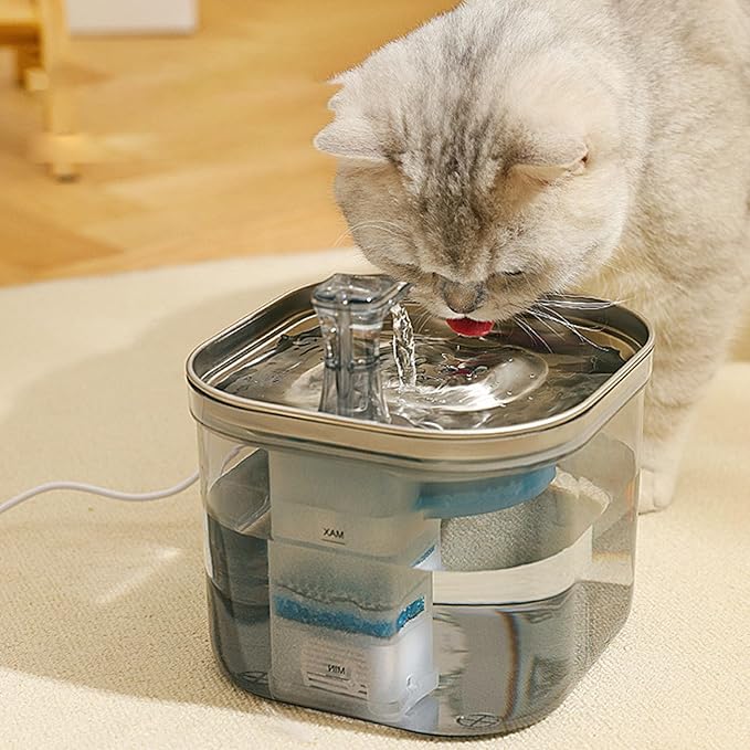 Focket Pet Water Fountain, Automatic Stainless Steel Cat Water Fountain Dog with Ultra Quiet Pump Filter Visible Level Non Slip Base for Cats Dogs Multiple Pets