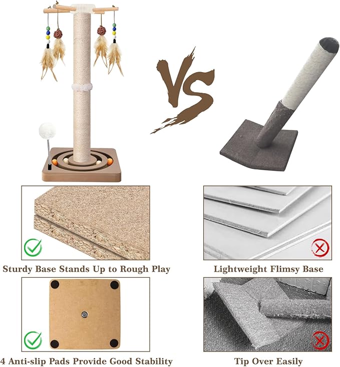 PAROTO Tall Cat Scratching Post, 33 Inch Sisal Cat Tree Tower Scratcher for Large Adult Indoor Cats, 2 Mounting Methods, Hanging Toys and Double Ball Track Activity Center