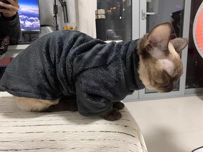 Sphynx Cat Clothes Winter Turtleneck Soft Coral Fleece Cat Clothes Thicken Warm Pajamas Coat for Hairless Cats and Small Cat Apparel with Sleeves (Black, L (6-9.3lbs)