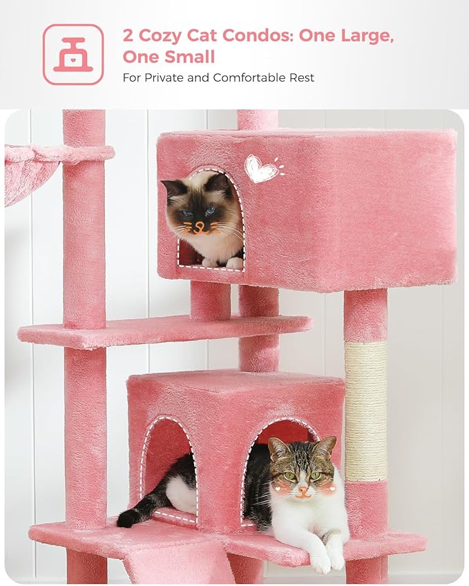 MUTTROS Pink Cat Tree for Large Cats with Super Large Top Perch,56.2" Multi-Level Tower for Indoor Cats with Hammock, Cat Shelves with Scratching Posts and 2 Condos Houses, Pink