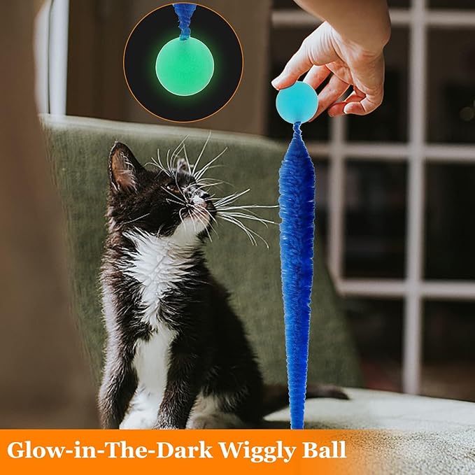 Bouncy Ball with Tail Cat Toys,5 Packs Large Magic Worm with Fluorescent Ball Toy for Cats,Colorful Fuzzy Worm Bouncy Glow Balls Cat Toy