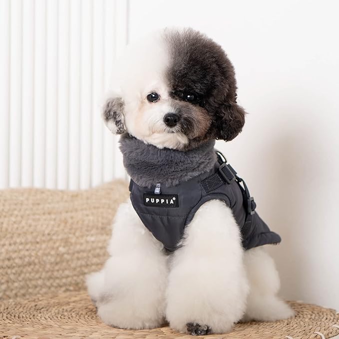 Puppia Donavan Winter Dog Coat with Integrated Harness No Pull Cold Weather Waterproof Warm Fleece Back Zipper for Small & Medium Dog, Grey, Small