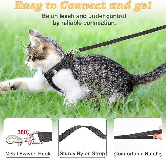 Cat Harness and Leash for Walking Escape Proof, Adjustable Kitten Vest Harness Reflective Soft Mesh Puppy Harness for Outdoor, Comfort Fit, Easy to Control (Black, L)
