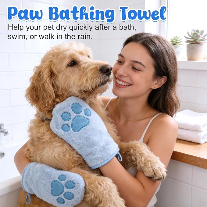 Paw Bathing Towel for Cats Puppy, Reusable Absorbent Quick-Dry Pet Grooming Towel, Soft Bath Mitt for Dirt Odor Removal, Daily Care and Travel, for Dogs & Cats (Blue+Grey)