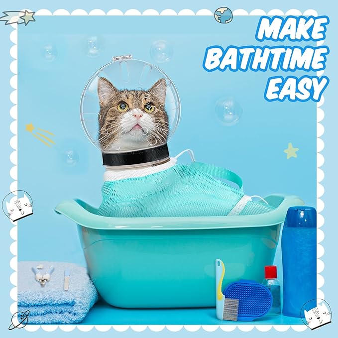 8 Pcs Cat Muzzle Set with Adjustable Cat Bathing Bag Breathable Clear Muzzle Pet Grooming Brush Tick Remover Tool Nail Clipper Nail File for Dog, Bunny Cleaning Trimming(L Size,Blue)