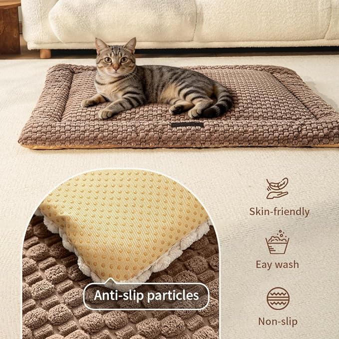 SOMAHE Cat & Dog Bed Mat, Soft Plush Flat Cat Bed with Non-Slip Bottom, 1.2" Thick All-Season Kneading Cushion, Machine Washable Pet Bed for Cats & Small Dogs 20×27Inch, Coffee
