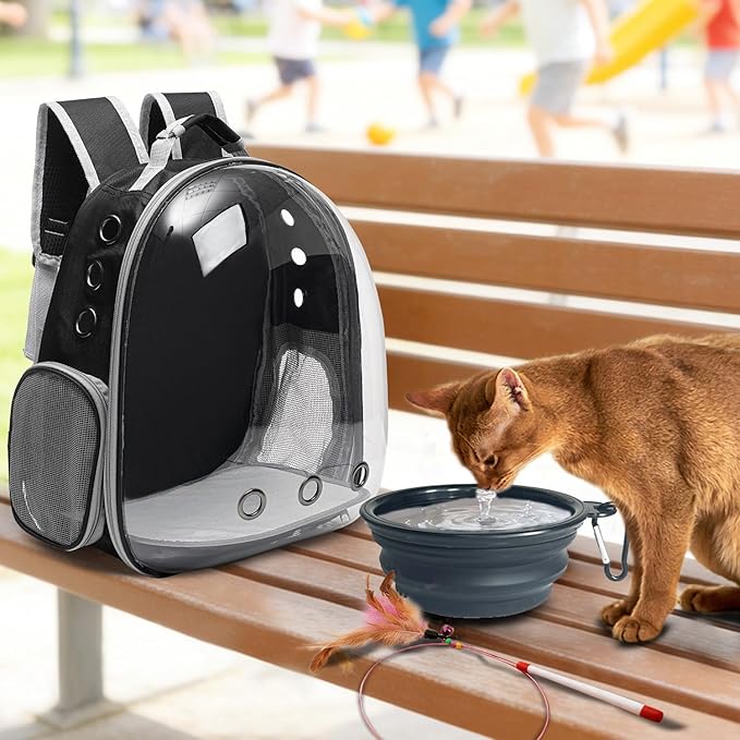 Vivicreate Large Cat Backpack Carrier with Folding Bowl and Teaser Stick for Cats up to 20lbs with Ventilation and Padded Straps Mochila para Gatos transportadora mascotas (Black)