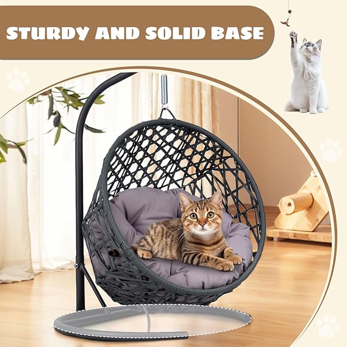 Hanging Cat Swing Bed with Stand & Cushion – Rattan Wicker Egg Chair for Cats, Small Dogs & Pets, Indoor Swinging Bed, Cozy Resting Spot, Modern Design (Gray)