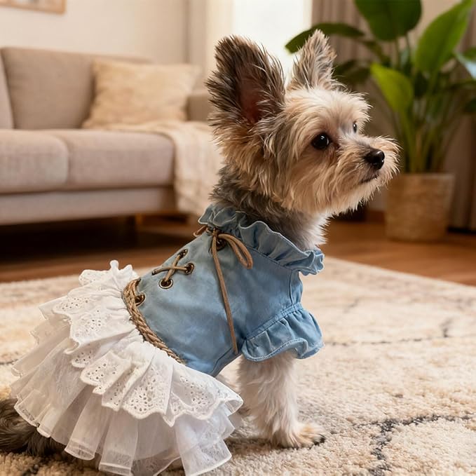 Dog Denim Dress for Small Dogs and Cats, Flared Sleeves Retro Cake Skirt Puppy Clothes, Elegant Pet Apparel for Daily Wear, Parties, Photo Shoots (Blue-Denim, Small)