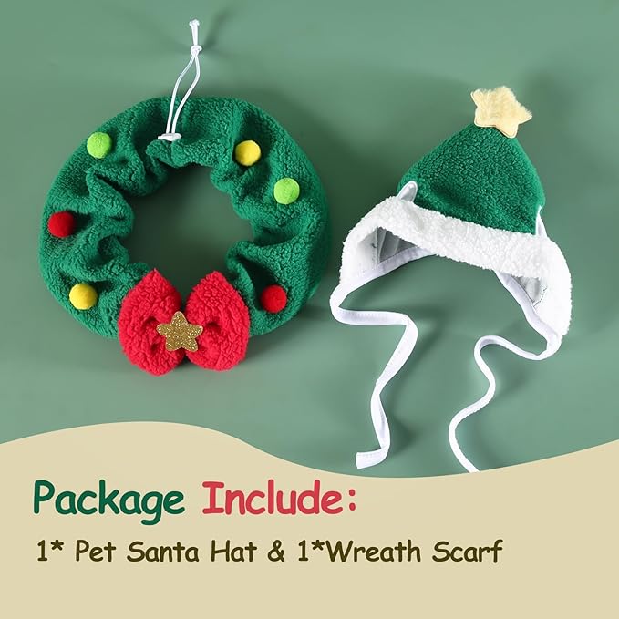 Cat Christmas Outfit 2pcs Set, Cat Santa Hat with Wreath Scarf, New Year Decoration Costume Suit for Small Dogs, Rabbits, Green