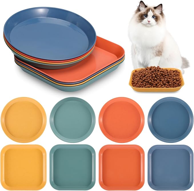 8-Piece Cat Food Bowl Set - Shallow Dish for Wet Feeding, Fatigue Relief, Round & Square Bowls for Cats & Small Dogs