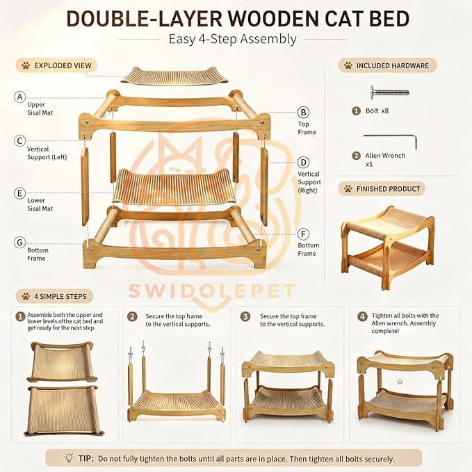 Two Level Sisal Cat Scratcher for Cats, Double Cat Bed with Interactive Hanging Plush Ball, 2 Tier Scratching Post for Indoor Small Medium Cats Kittens