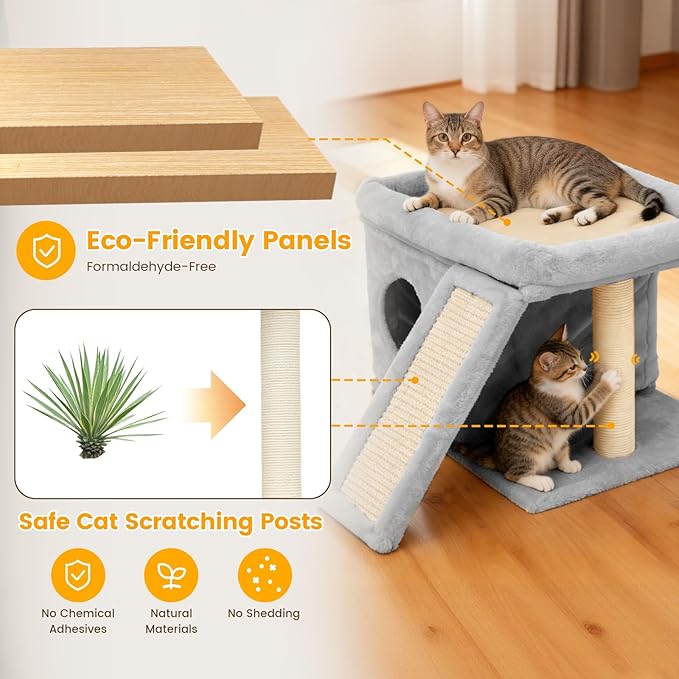 Cat Tree, Compact Cat Tree for Small Spaces, Heavy Duty Cat Tower for Large Cats,Small Cat Tower with Cat Scratching Post & Bed, Cat Condo Climbing Furniture for Indoor Cats (Light Grey)