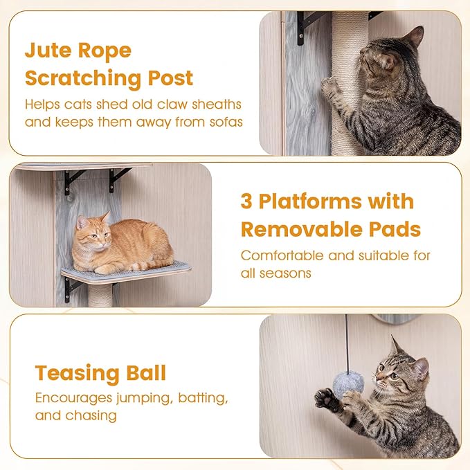 PETSITE Door Mounted Cat Tree, 58.5-61.5 Inches Height Adjustable Hanging Cat Climber with Scratching Post, Detachable Scratching Mats, and Comfy Plush Cat Bed (Grey)