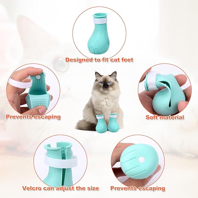 Gosknor 4 Pcs Silicone Cat Feet Claw Covers, Anti-Scratch Cat Nail Shoes Kitten Feet Paw Boots Cat Protector Caps to Prevent Scratching Pet Supplies for Bathing Shaving Grooming
