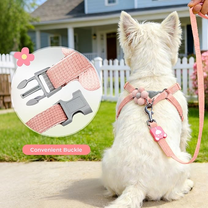 PETCARE Cute Flower Dog Harness and Bowtie Leash Set Easy Walk Puppy Dog Halter Harnesses for Small Dogs Girl Step in Dogs Harness with Buckle (Pink, Chest Adjustable 11"-17", Rope Width 0.59")