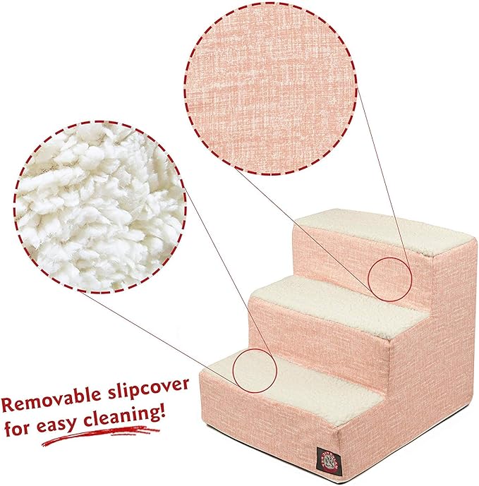 Majestic Pet 3 Step Portable Dog Stairs for Small Dogs to get on Bed Supports 250 lbs or Less – Dog Steps for High Bed with Machine Washable Cover –Pet Stairs for Cats Palette Heathered Blush Pink