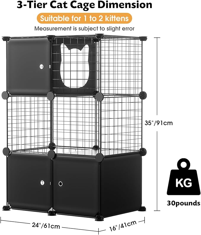 PAWING Cat Enclosure Indoor with Litter Box, 3-Tier Metal Wire Cat Cage, DIY Detachable Design for Cats, Kittens & Small Animals, Multi-Level Kennel