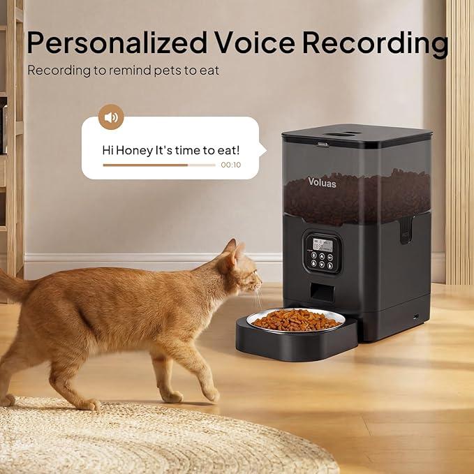VOLUAS Cat Dry Food Dispenser with Timer, Automatic Cat Feeders with Desiccant Bag, Programmable Portion Size Control 4 Meals Per Day, 10s Voice Recorder