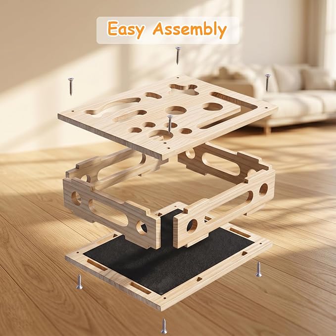 Cat Scratch Puzzle Enrichment Box, Cat Nail File Scratcher Toy Box with Sandpaper Inside, Help Reduce Stress for Trimming Nails, Wooden Claw Care Saver Box for Indoor Cats of All Breeds & Ages