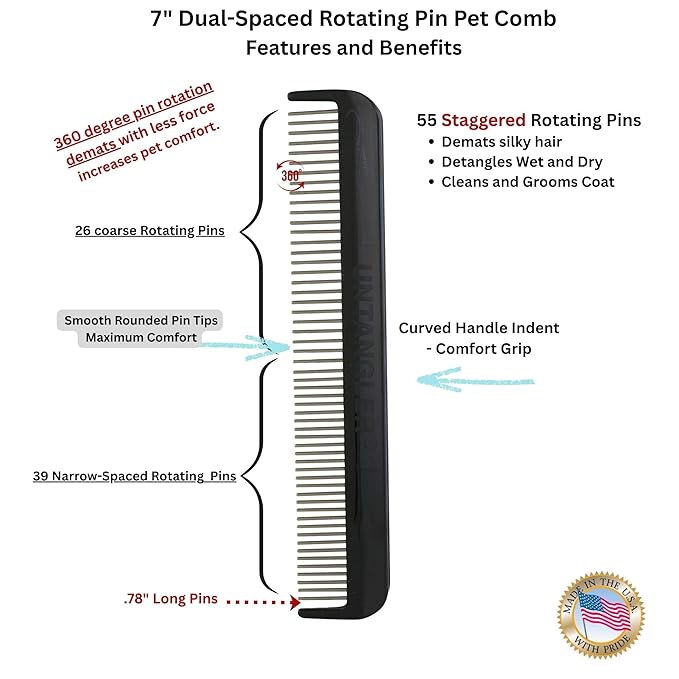 Cat Comb with silky smooth rotating teeth- clears mats gently and easily (5" has ultra fine spaced teeth; 7" dual-spaced teeth) (Onyx Black, 7")