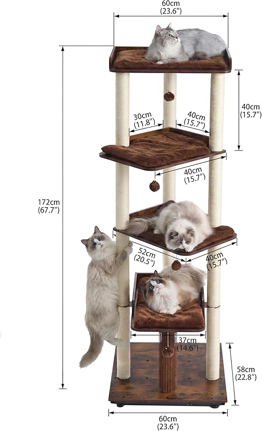 FourFurPets Heavy Duty Cat Tree, 67.7" Cat Tree for Indoor Cats Large Adult, Modern Cat Tower for Large Cats, Cat Tower with Scratching Post, Large Perch and Removable Pads, Rustic Brown