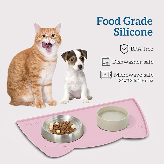 OHMO - Cat Food Mat, Silicone Pet Feeding Mat for Floor Non-Skid Waterproof Dog Water Bowl Tray, Easy to Clean Pet Placemat (Pink, 18 * 9.8'')